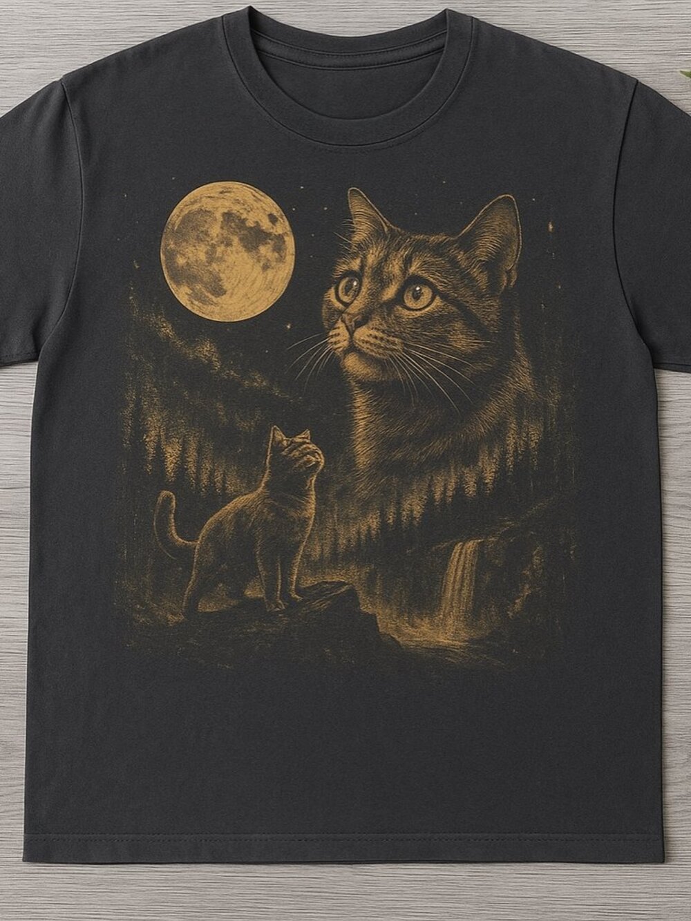 Cat Moon Waterfall Vintage Nature Graphic Tee